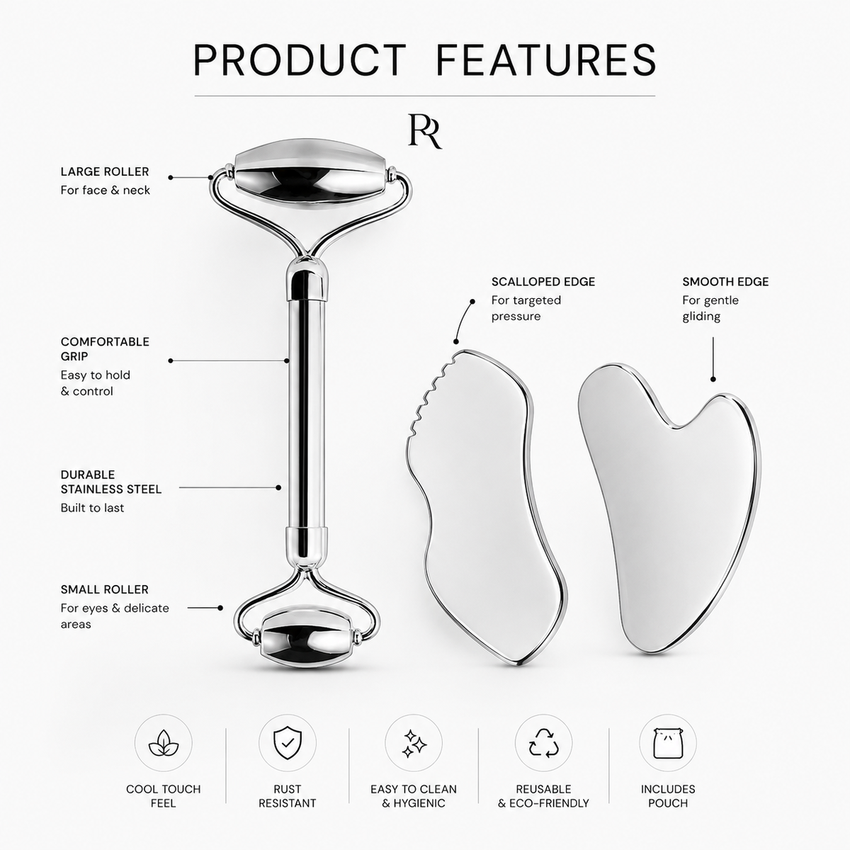 Stainless Steel Facial Roller & Gua Sha Set